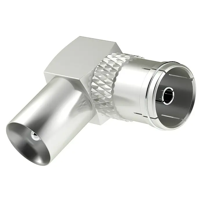 Hama Koax-Adapter - Koax-Stecker, Koax-Kupplung - Nahaufnahme eines 90-Grad-Koaxialkabelsteckers, der für eine rechtwinklige Verbindung von Antennenkabeln verwendet wird.