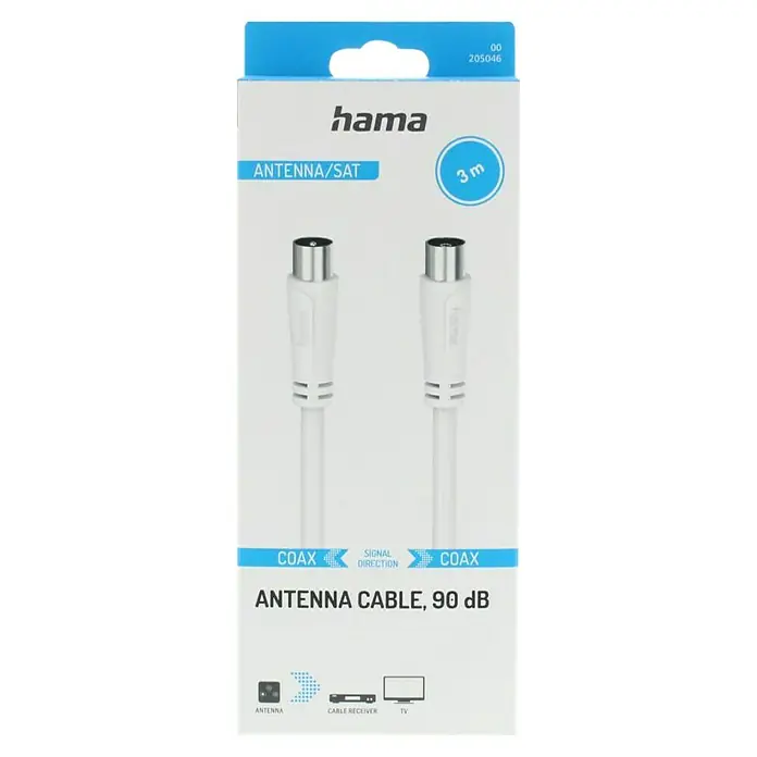 Hama Antennen-Anschlusskabel - 3 m, Weiß, 90 dB, Koax-Stecker, Koax-Kupplung - Verpackung einer Hama Antennenleitung mit 90 dB, die für Antennen- und Satellitenanschlüsse geeignet ist und eine Länge von 3 Metern hat.