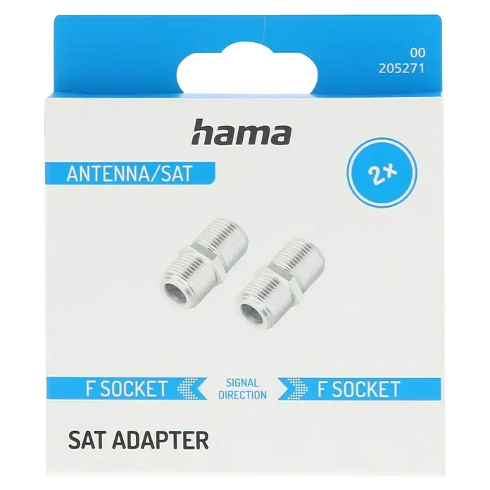 Hama SAT-Adapter - F-Kupplung, 2 Stk. - Das Bild zeigt eine Hama SAT-Adapter-Verpackung mit zwei F-Steckern für Antennen-/SAT-Anschlüsse. Die Verpackung ist blau-weiß.