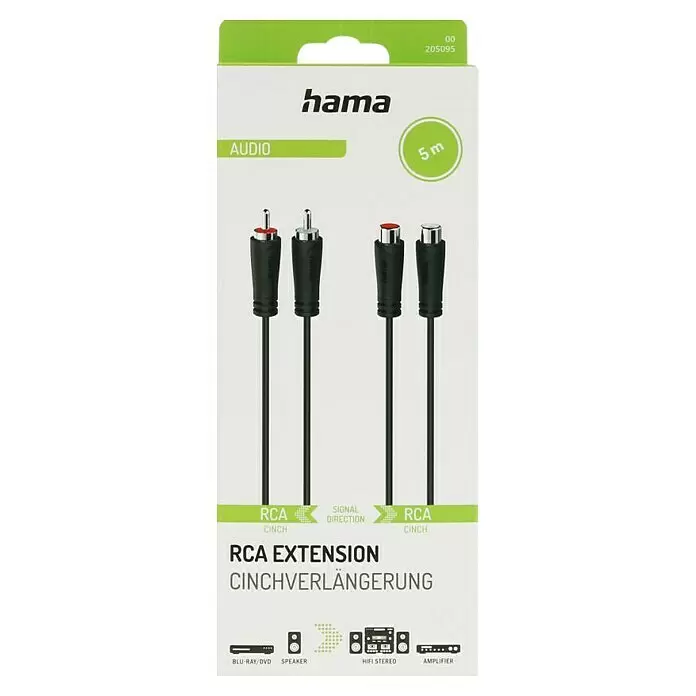 Hama Audio-Verlängerungskabel 2 Cinch-Stecker - 2 Cinch-Kupplungen - Länge: 5 m, Schwarz - Hama 5m schwarzes Cinch-Audio-Verlängerungskabel mit Stecker- und Buchsenanschlüssen, für Lautsprecher oder Verstärker.