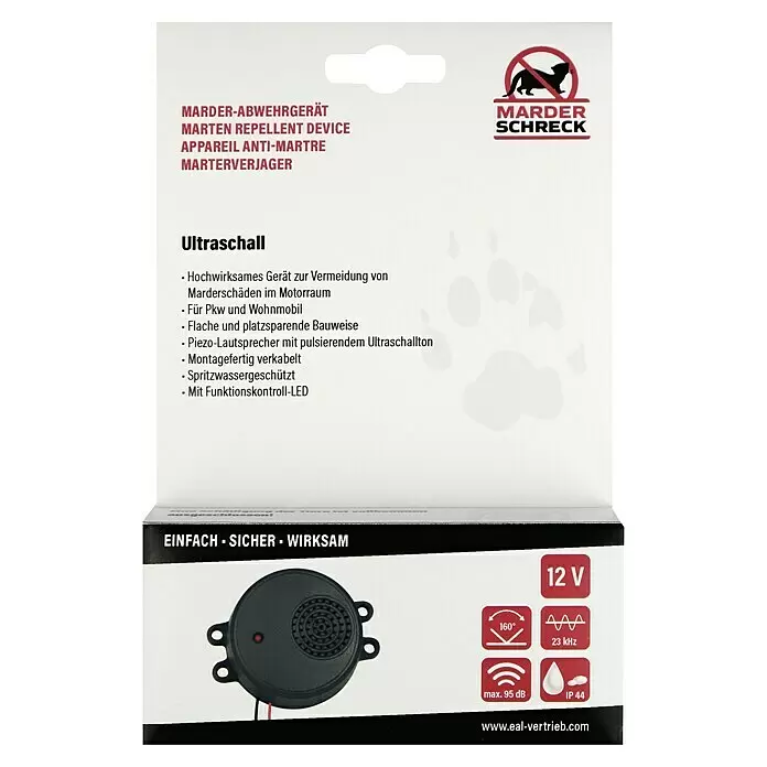 Marder Schreck Marderstop Kfz - Marderschutz, Schalldruckpegel: 95 dB - Schwarzes rundes Ultraschall-Marderabwehrgerät mit angeschlossenen Kabeln und Befestigungslaschen.