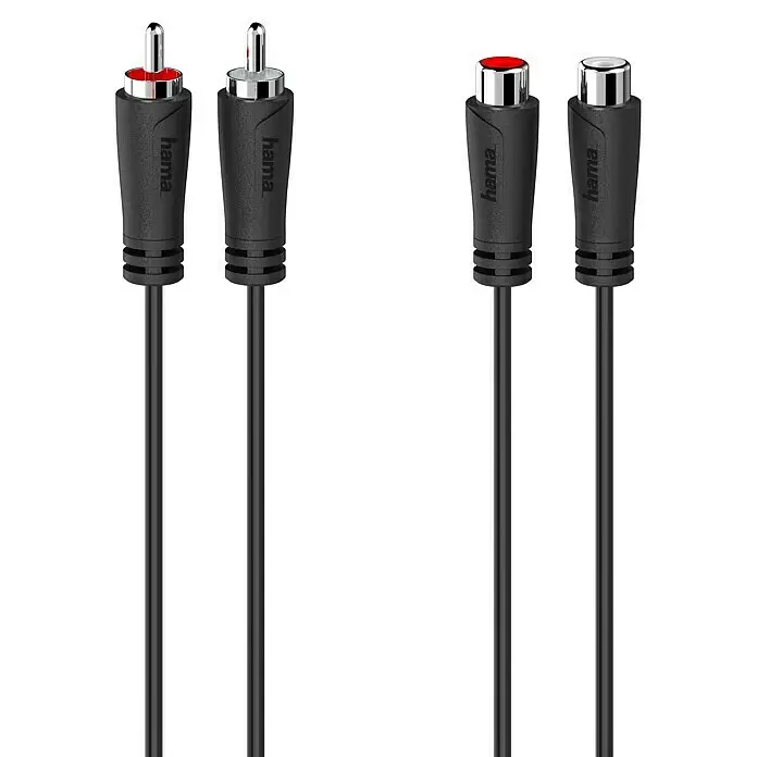 Hama Audio-Verlängerungskabel 2 Cinch-Stecker - 2 Cinch-Kupplungen - Länge: 5 m, Schwarz - Zwei schwarze Hama Cinch-Audiokabel; eines mit roten/weißen Steckern, eines mit roten/weißen Buchsen.