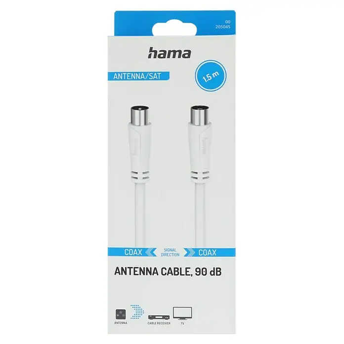 Hama Antennen-Anschlusskabel - 1,5 m, Weiß, 90 dB, Koax-Stecker, Koax-Kupplung - Produktverpackung eines weißen Hama Antennenkabels mit 90 dB, geeignet für den Anschluss von Antenne, Kabelreceiver und TV. Kabellänge: 1,5 m.