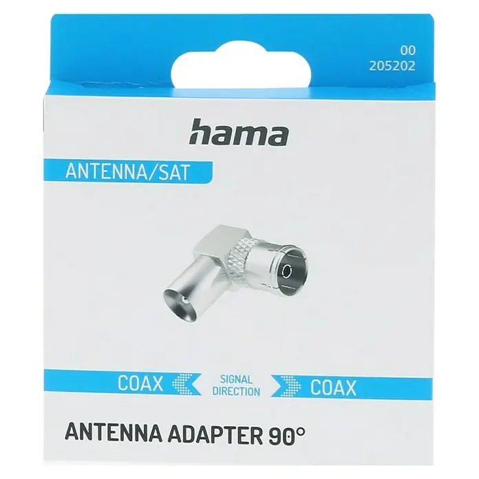 Hama Koax-Adapter - Koax-Stecker, Koax-Kupplung - Produktabbildung einer Hama Antennen-/SAT-Koaxialkabel-Adapter 90°-Verpackung für Antennenkabel.