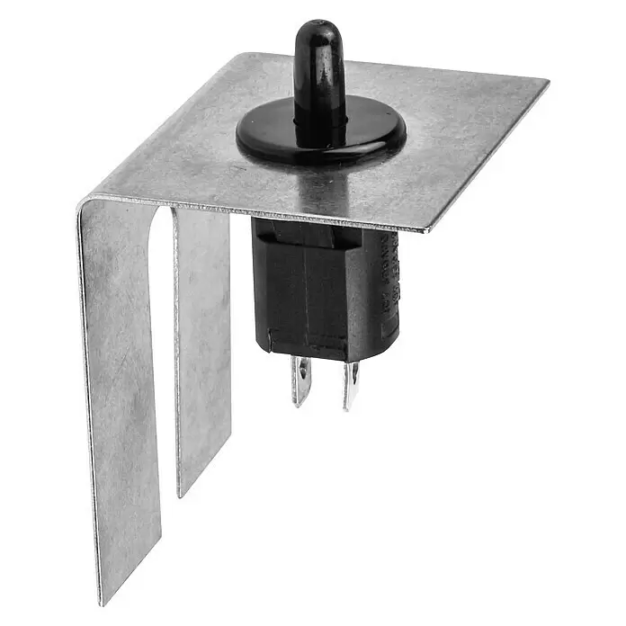 LAS Marderstop Kfz - B x H: 4 x 5,8 cm, 12 V - Schwarzer Drucktastenschalter montiert auf einer silbernen L-Halterung mit zwei nach unten verlaufenden Schenkeln.