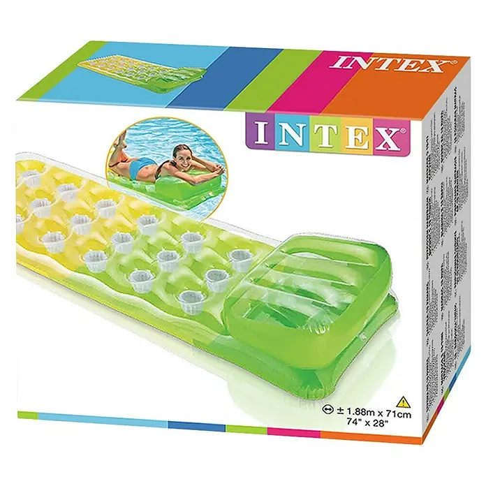 Intex Colchoneta hinchable 18 Vasos - Plástico - Imagen de un empaque de colchón inflable Intex, con un diseño amarillo y verde, portavasos y reposacabezas para relajarse.