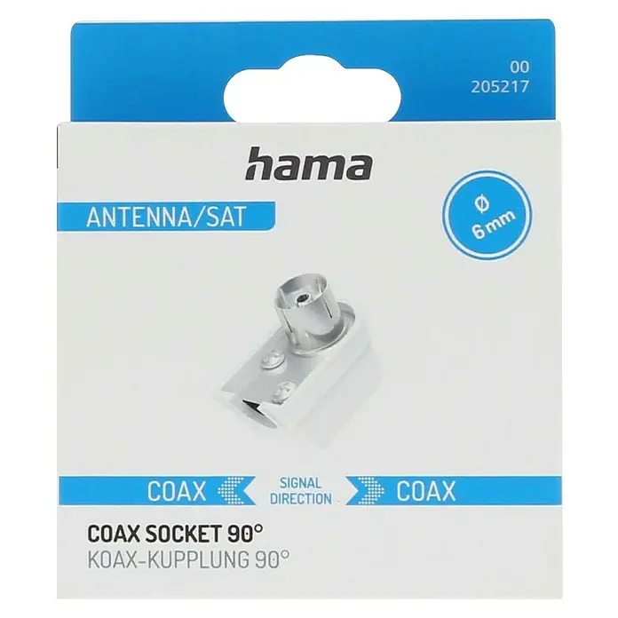 Hama Koax-Winkelbuchse schraubbar - Koax-Kupplung, 1 Stk. - Abbildung der Hama Koax-Winkelsteckdose 90°, die für Antennen- und Satellitenverbindungen geeignet ist. Sie hat einen Durchmesser von 6 mm.