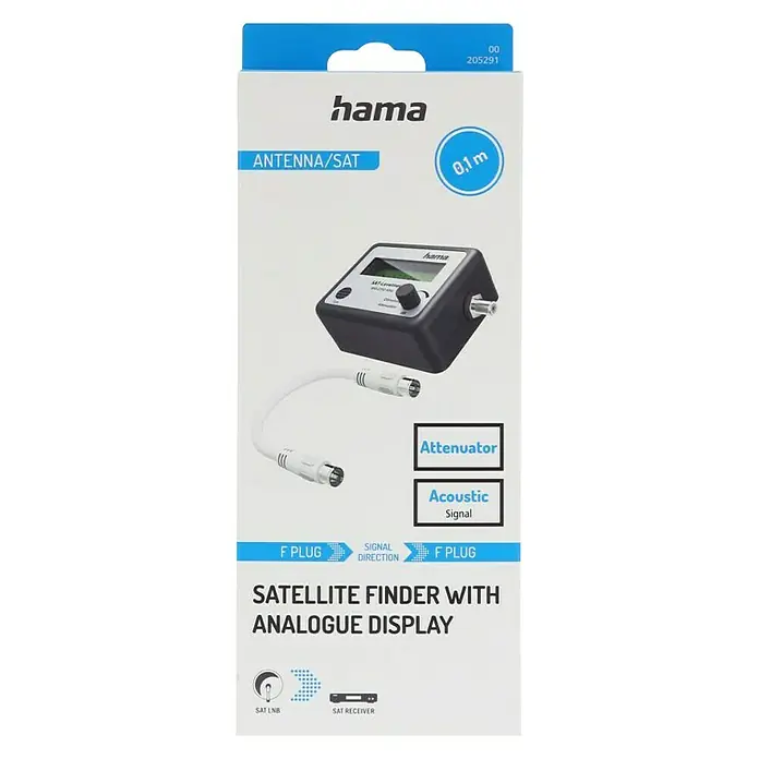 Hama SAT-Finder mit analoger Anzeige - Weiß - Verpackung eines Hama Satellitenfinders mit analoger Anzeige, inklusive Antennen-/SAT-Anschluss und 0,1 m Kabel.