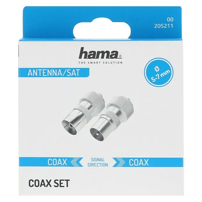 Hama Koax-Set - 1 x Koax-Stecker, 1 x Koax-Kupplung - Nahaufnahme der Verpackung eines Koax-Sets von Hama für Antennen und Satelliten mit einem Durchmesser von 5-7 mm.