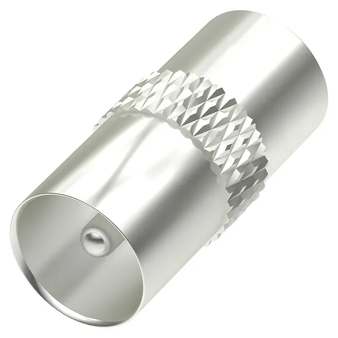Hama Koax-Adapter Antennen-Adapter - Koax-Stecker, 1 Stk. - Nahaufnahme eines silbernen Koaxialkabel-Steckers mit gerändelter Oberfläche auf schwarzem Hintergrund.
