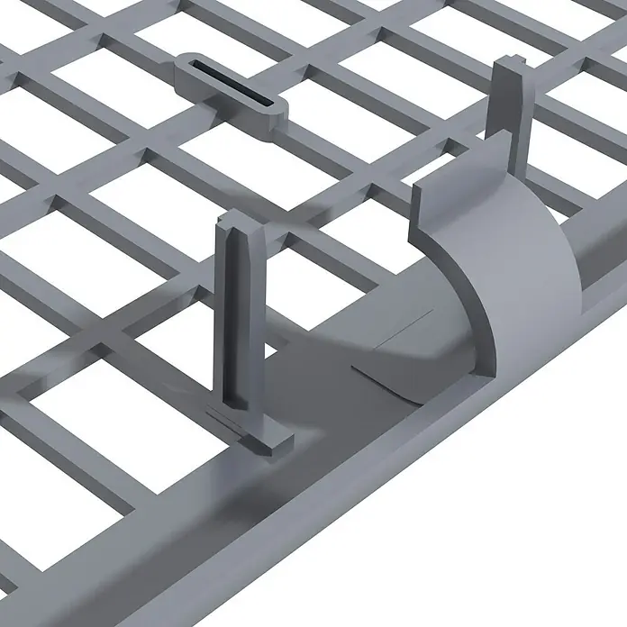 Easy Life Laubfanggitter - L x B: 200 x 17 cm, Grau - Nahaufnahme eines grauen Kühlschrankrosts mit rechteckigen Öffnungen und erhöhten Rippen zur Unterstützung der darauf platzierten Gegenstände.