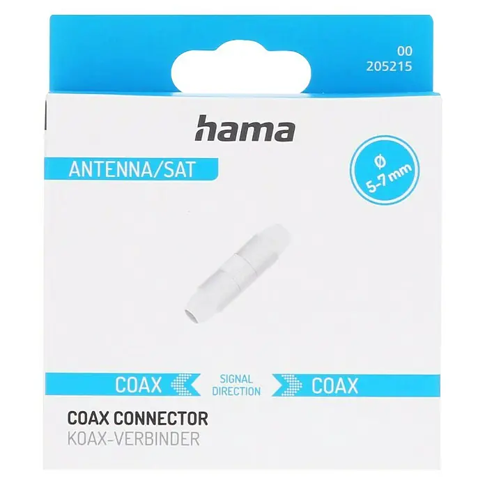 Hama Koax-Verbinder klemmbar - Koax-Stecker, Weiß - Bild einer Hama Koax-Verbindungsmuffe für Antennen/Sat-Anlagen, Durchmesser 5-7 mm, zur Signalübertragung.