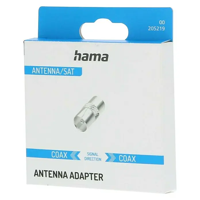 Hama Koax-Adapter Antennen-Adapter - Koax-Stecker, 1 Stk. - Nahaufnahme der Verpackung eines Hama Antennenadapters, der für Antennen- und Satellitenverbindungen geeignet ist.
