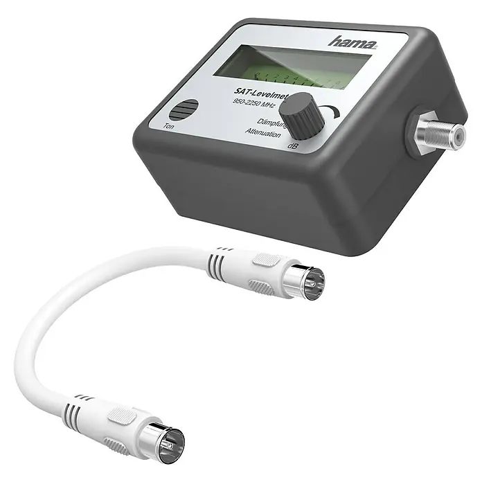 Hama SAT-Finder mit analoger Anzeige - Weiß - Abbildung eines Hama SAT-Levelmeter mit einem weißen Koaxialkabel. Das Gerät hilft bei der Ausrichtung von Satellitenantennen.