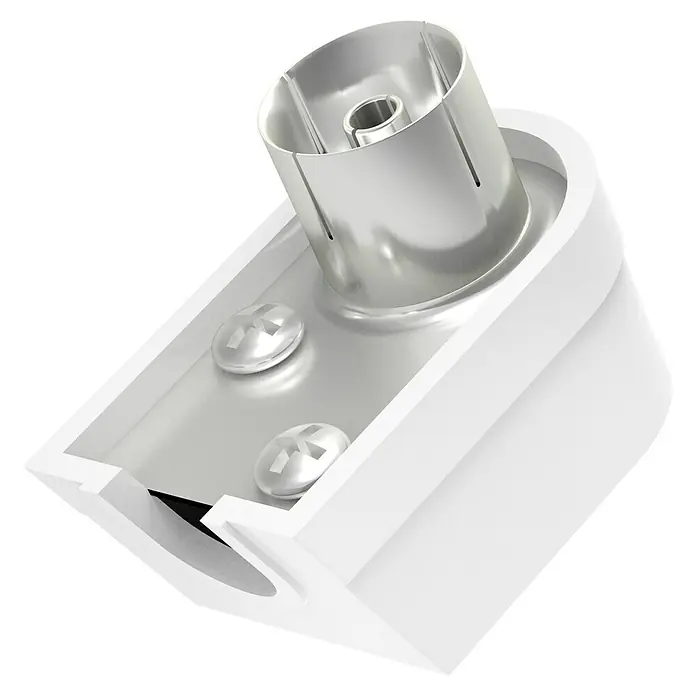 Hama Koax-Winkelbuchse schraubbar - Koax-Kupplung, 1 Stk. - Detailaufnahme eines 90-Grad-Antennensteckers in Weiß und Silber, ideal für TV-Geräte und Receiver mit Koaxialkabelanschluss.