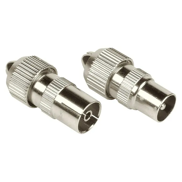 Hama Koax-Set - 1 x Koax-Stecker, 1 x Koax-Kupplung - Nahaufnahme von zwei TV-Koaxialkabelsteckern aus Metall. Diese robusten Stecker sind ideal für Kabelverbindungen im TV-Bereich.