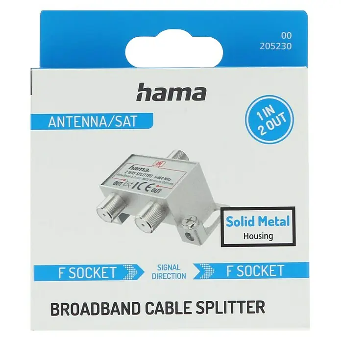 Hama Verteiler Breitband-Kabelverteiler > 20 dB - Silber - Abbildung einer Hama Breitband-Kabelweiche mit einem Eingang und zwei Ausgängen, inklusive solidem Metallgehäuse für Antennen- und Satellitenanschlüsse.