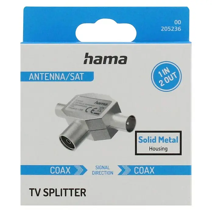Hama Verteiler Antennen-Verteiler - 2-fach, Koax-Stecker, Koax-Kupplung - Nahaufnahme der Verpackung eines Hama TV-Splitters für Antenne/SAT mit solidem Metallgehäuse.