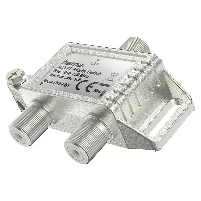 Hama Prioritätsschalter AB / SAT > 20 dB - Silber - Silberner Hama AB/SAT Priority Schalter aus Metall mit F-Anschlüssen, zur Satellitensignalverteilung und Prioritätsverwaltung.