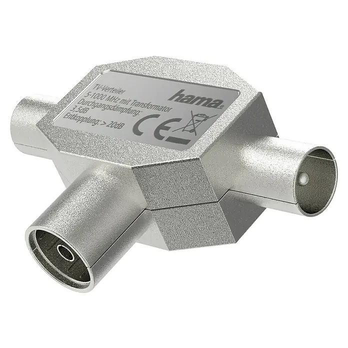 Hama Verteiler Antennen-Verteiler - 2-fach, Koax-Stecker, Koax-Kupplung - Ein TV-Verteiler von Hama, ein elektronisches Gerät zur Aufteilung eines TV-Signals auf mehrere Geräte, mit technischen Spezifikationen aufgedruckt.
