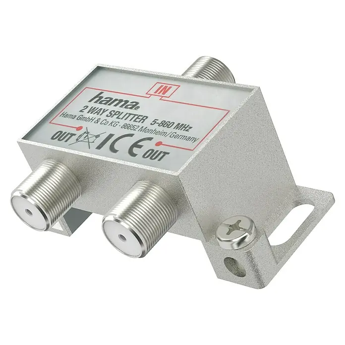 Hama Verteiler Breitband-Kabelverteiler > 20 dB - Silber - Nahaufnahme eines Hama 2-Wege-Splitters, der für Frequenzen von 5-860 MHz geeignet ist und über einen Eingang und zwei Ausgänge verfügt.