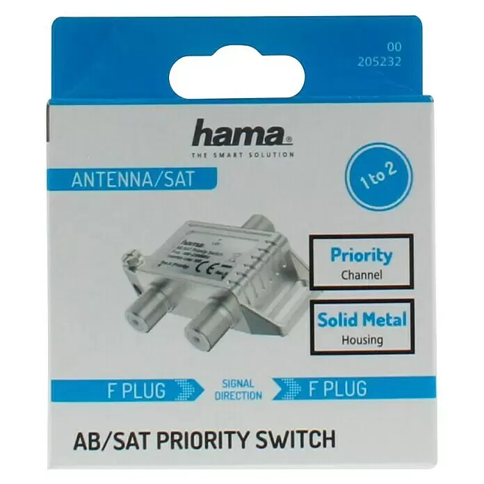 Hama Prioritätsschalter AB / SAT > 20 dB - Silber - Hama AB/SAT Prioritätsschalter, ein silberner Vollmetall-F-Stecker-Signalsplitter für Antenne/SAT, verteilt 1 Eingang auf 2 Ausgänge mit Prioritätskanal.