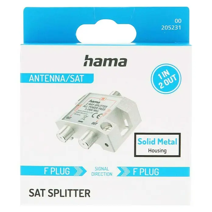 Hama Verteiler SAT-Verteiler voll geschirmt > 20 dB - Silber - Abgebildetes Produkt ist ein Hama SAT-Splitter, der ein Antennensignal auf zwei Ausgänge verteilen kann und über ein Metallgehäuse verfügt.