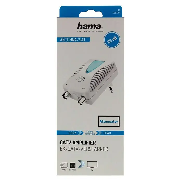 Hama Signalverstärker BK / CATV-Verstärker 25 dB - Koax-Stecker, Koax-Kupplung - Abbildung eines Hama CATV-Verstärkers mit Antenne/SAT-Anschluss und 25 dB Verstärkung.