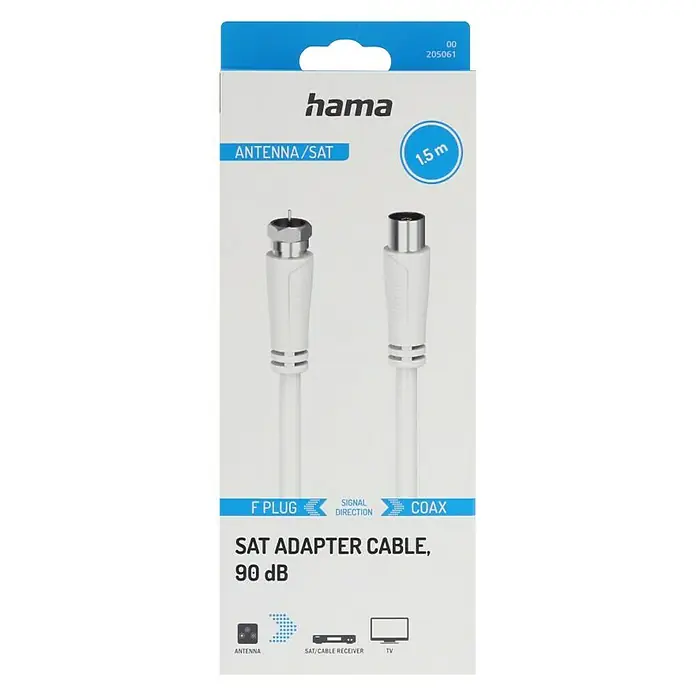 Hama SAT-Anschlusskabel - Weiß, 1,5 m, 90 dB, F-Stecker, IEC-Buchse - Produktverpackung des Hama SAT-Adapterkabels, 90 dB, mit F-Stecker und Koax-Anschluss, 1,5 m Länge, für Antenne, Sat-Receiver und TV.