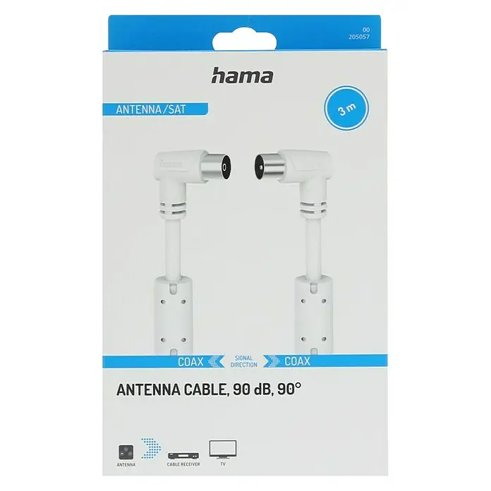Hama Antennen-Anschlusskabel Koax-Stecker - Koax-Kupplung, 90° - 3 m, Weiß, 90 dB - Abbildung einer Hama Antennen-/Satellitenkabelverpackung mit zwei 90°-Koaxialkabeln.