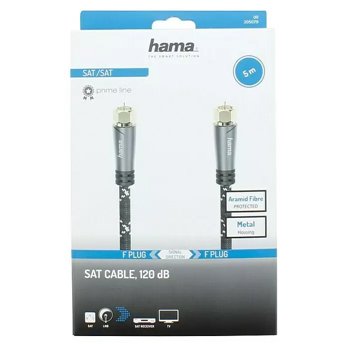 Hama Koaxialkabel - 5 m, Grau/Schwarz, Schirmungsmaß: 120 dB - Hama 5m SAT-Kabel mit F-Steckern, Aramidfaser-Schutz und Metallgehäuse.