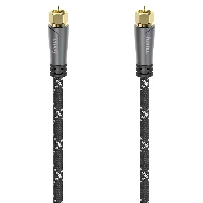 Hama Koaxialkabel - 5 m, Grau/Schwarz, Schirmungsmaß: 120 dB - Koaxialkabel mit vergoldeten F-Steckern, geflochtenem schwarz-weißem Mantel. Für TV-/Sat-Anschluss.