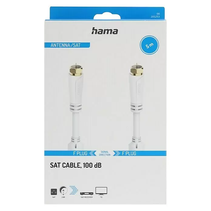 Hama Koaxialkabel - 5 m, Weiß, Schirmungsmaß: 100 dB - Weißes Hama SAT/Antennenkabel, 5m, 100 dB, mit F-Steckern, in Originalverpackung.