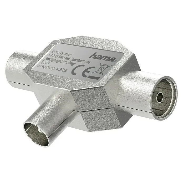 Hama Verteiler Koax-Stecker - 2 Koax-Kupplungen - 3,5 dB, 22 dB - Produktansicht eines silbernen Hama Radio-Verteilers mit Transformator für Frequenzen von 5-1000 MHz, ideal für Radioübertragungen.