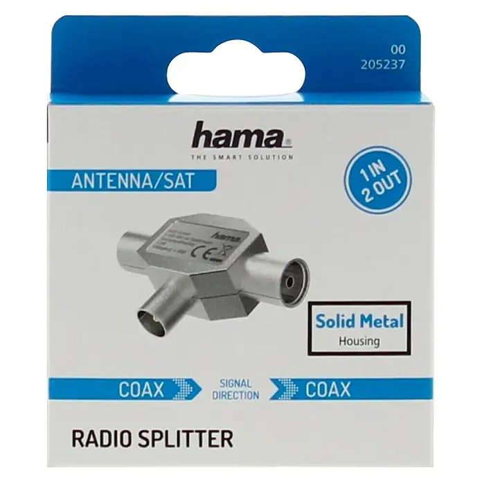 Hama Verteiler Koax-Stecker - 2 Koax-Kupplungen - 3,5 dB, 22 dB - Abbildung eines Hama Antennen-/Satelliten-Radiosplitters mit solidem Metallgehäuse, der ein Eingangssignal in zwei Ausgänge aufteilt.