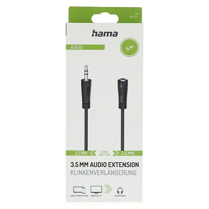 Hama Audio-Verlängerungskabel 3,5-mm-Klinken-Stecker - Kupplung - Länge: 5 m - Produktverpackung einer 3,5-mm-Audioverlängerung von Hama, geeignet für Tablet/Smartphone, Monitor/TV und Kopfhörer.