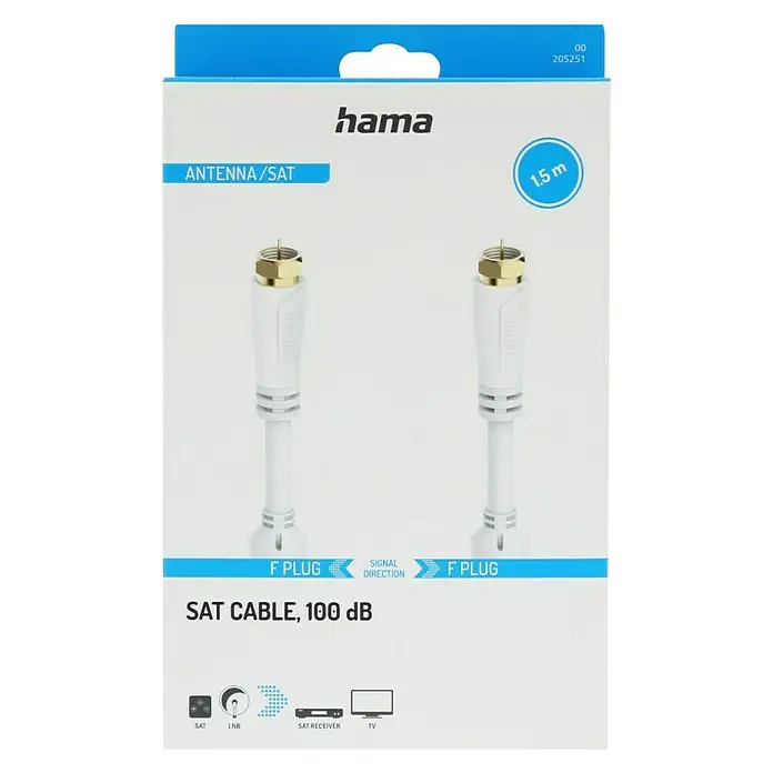 Hama Koaxialkabel - 1,5 m, Weiß, Schirmungsmaß: 100 dB - Produktverpackung für ein Hama SAT-Kabel mit F-Steckern, 1,5 m lang, für Antennen- und Satellitenanschlüsse, hohe Qualität.