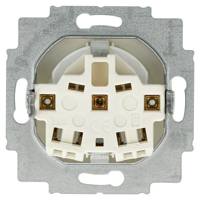 Busch-Jaeger Reflex SI Steckdose 20 EUC-214 - Alpinweiß, 1-fach, Kunststoff, IP20 - Nahaufnahme einer Unterputz-Steckdose, die die Details der elektrischen Anschlüsse und das Installationssystem zeigt.