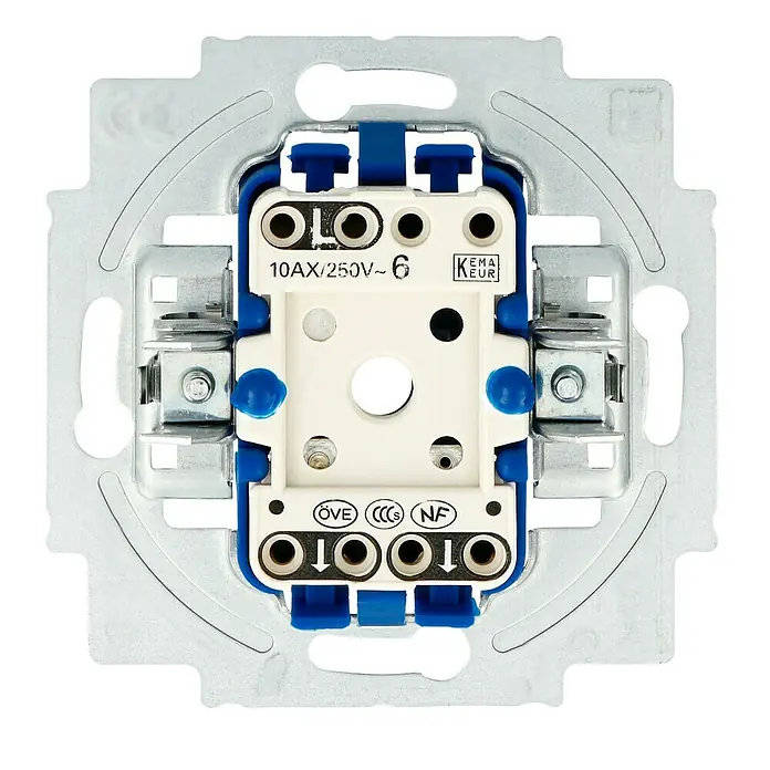 Busch-Jaeger Wechselschalter-Einsatz 2000/6 US - 10 A, Unterputzmontage - Nahaufnahme eines 10AX/250V~ Schalters mit blauen Elementen und KEMA KEUR Kennzeichnung, ideal für elektrische Installationen.