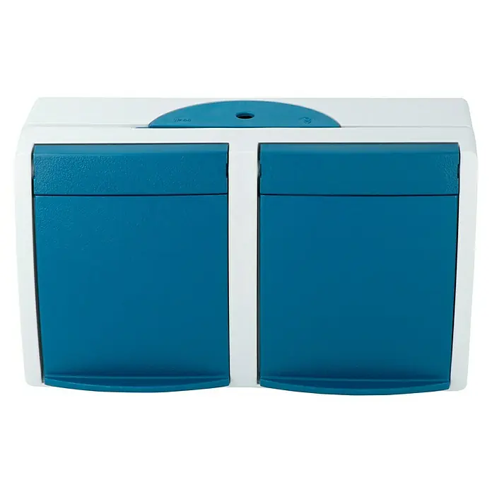 Busch-Jaeger Ocean Steckdose 20/2 EW-53 - 2-fach, Horizontal, Grau/blaugrün, IP44 - Ein blauer und weißer Müllelmer mit zwei Fächern. Ideal für die Mülltrennung und eine ordentliche Entsorgung.