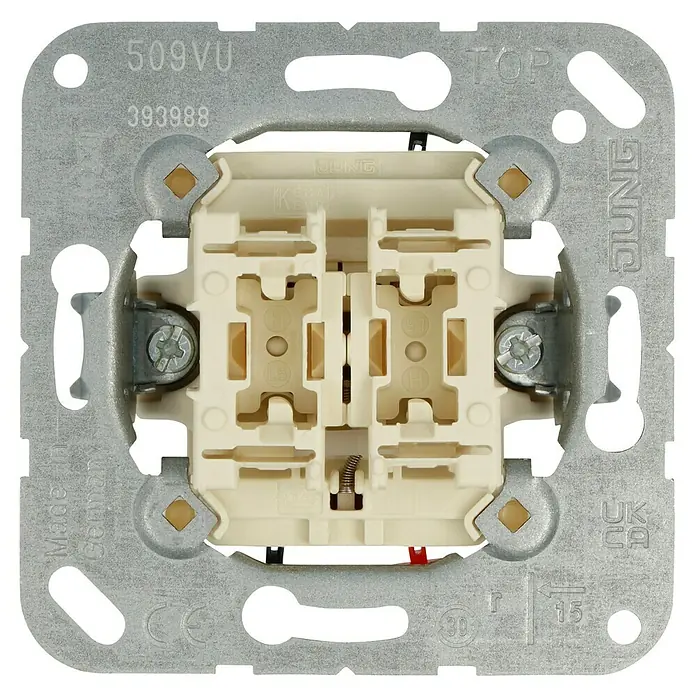 Jung Jalousieschalter-Einsatz 509VU - 10 A, Unterputzmontage - Nahaufnahme eines JUNG 509VU Wippschalters mit präzisem Design und hoher Funktionalität für moderne Elektroinstallationen.