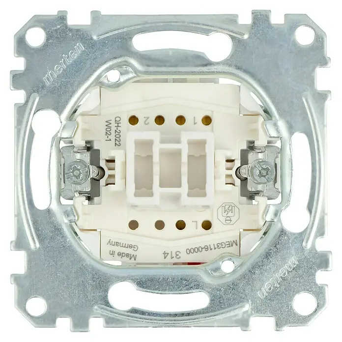 Merten Wechselschalter-Einsatz MEG3116-0000 - 10 A - Nahaufnahme eines Merten-Schalters, der die interne Verkabelung und die Montagestruktur zeigt, ideal für Elektroinstallationsprojekte.