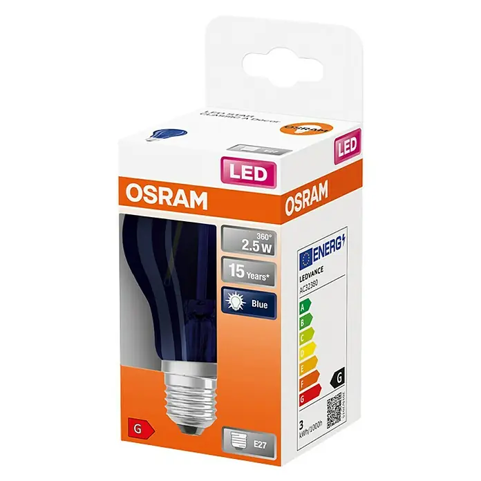 Osram Star LED-Lampe Glühlampenform E27 matt - E27, Nicht Dimmbar, Blau, 10 lm, 2,5 W, Farbe: Blau - Produktfoto: Eine blaue OSRAM LED Lampe in der Verpackung mit technischen Daten und Energieeffizienzklasse.