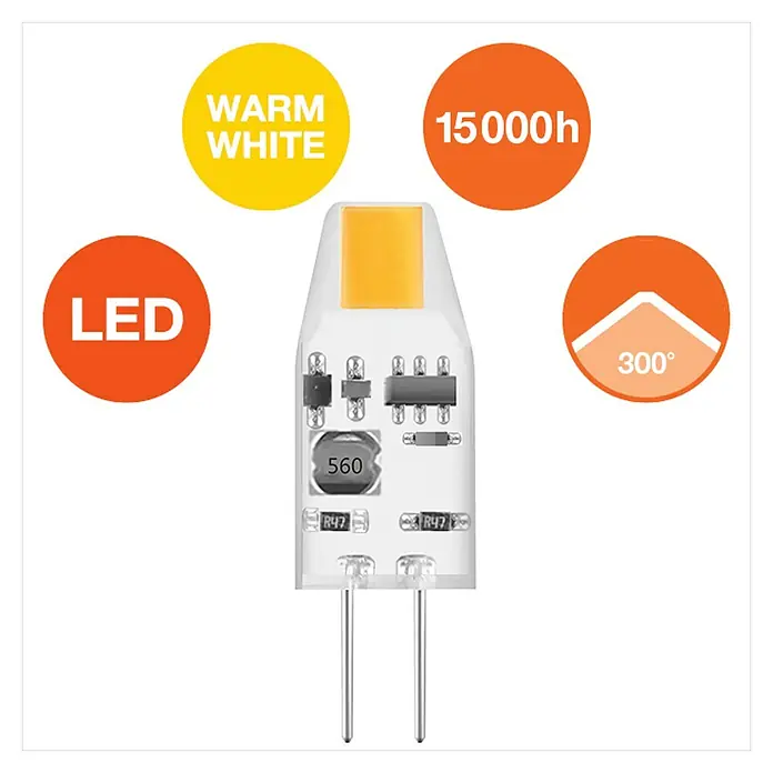 Osram LED-Lampe Pin G4 MR16 - G4, Nicht Dimmbar, Warmweiß, 100 lm, 1 W - Nahaufnahme einer G4 LED-Lampe, die für ihre energieeffiziente Beleuchtung und lange Lebensdauer bekannt ist. Ideal für Wohn- und Gewerberäume.