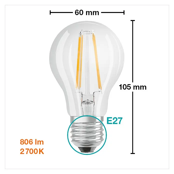 Osram Star Set de bombillas LED Classic A 60 - E27, No regulable, Blanco cálido, 806 lm, 7 W, 3 ud., Filamento - Imagen de una bombilla LED con base E27, que emite 806 lúmenes y luz blanca cálida de 2700K. Las dimensiones de la bombilla son 60mm de ancho y 105mm de alto.