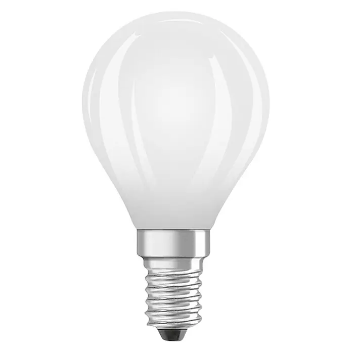 Osram Retrofit Bombilla LED Classic P 60 - E14, No regulable, Blanco cálido, 806 lm, 4 W - Primer plano de una bombilla LED OSRAM blanca con una base de tornillo pequeña sobre un fondo negro.