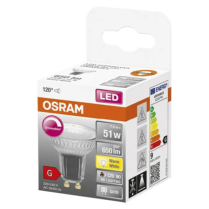 Osram Superstar Bombilla LED Superstar PAR16 - GU10, Intensidad regulable, Blanco cálido, 650 lm, 7 W - Paquete de una lámpara LED Osram de 650 lm, regulable, blanco cálido, 51W, base GU10 y clase de eficiencia energética G para una iluminación brillante y eficiente.