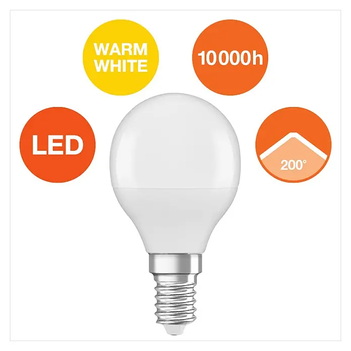 Osram LED-Lampen Set Tropfenform E14 matt - E14, Nicht Dimmbar, Warmweiß, 470 lm, 5,7 W - Abbildung einer LED-Lampe mit den Aufschriften Warmweiß, 10000h, LED und 200°, die die Produktmerkmale hervorheben.