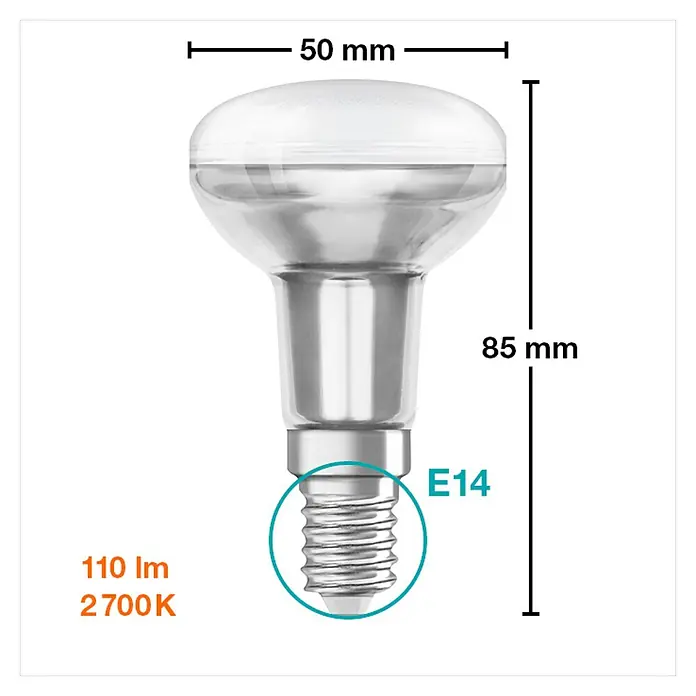 Osram Bombilla LED - E14, No regulable, Blanco cálido, 150 lm, 2 W - Imagen de una bombilla LED E14 con dimensiones de 50 mm de diámetro y 85 mm de altura, produciendo 110 lúmenes a 2700K.