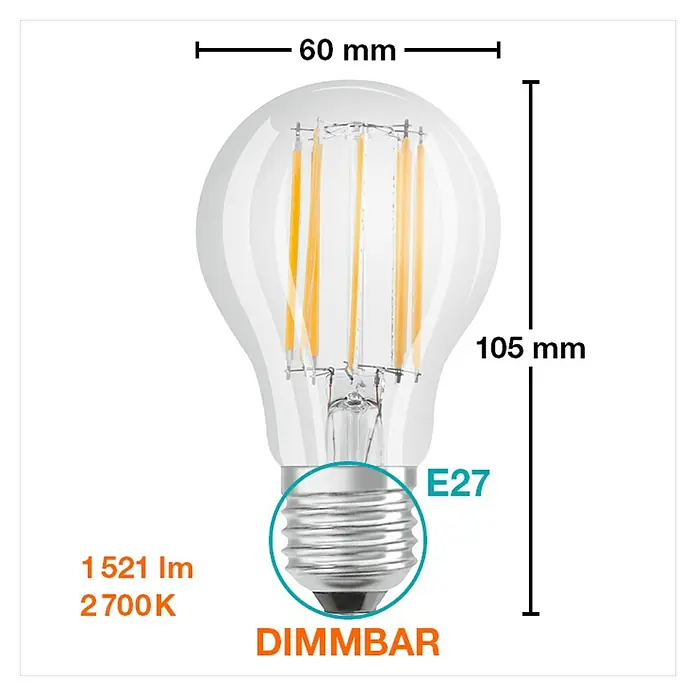 Osram Parathom Bombilla LED A100 - E27, Intensidad regulable, Blanco cálido, 1.521 lm, 12 W - Imagen de una bombilla E27 regulable de 1521 lúmenes y 2700 Kelvin, con un ancho de 60 mm y una altura de 105 mm.